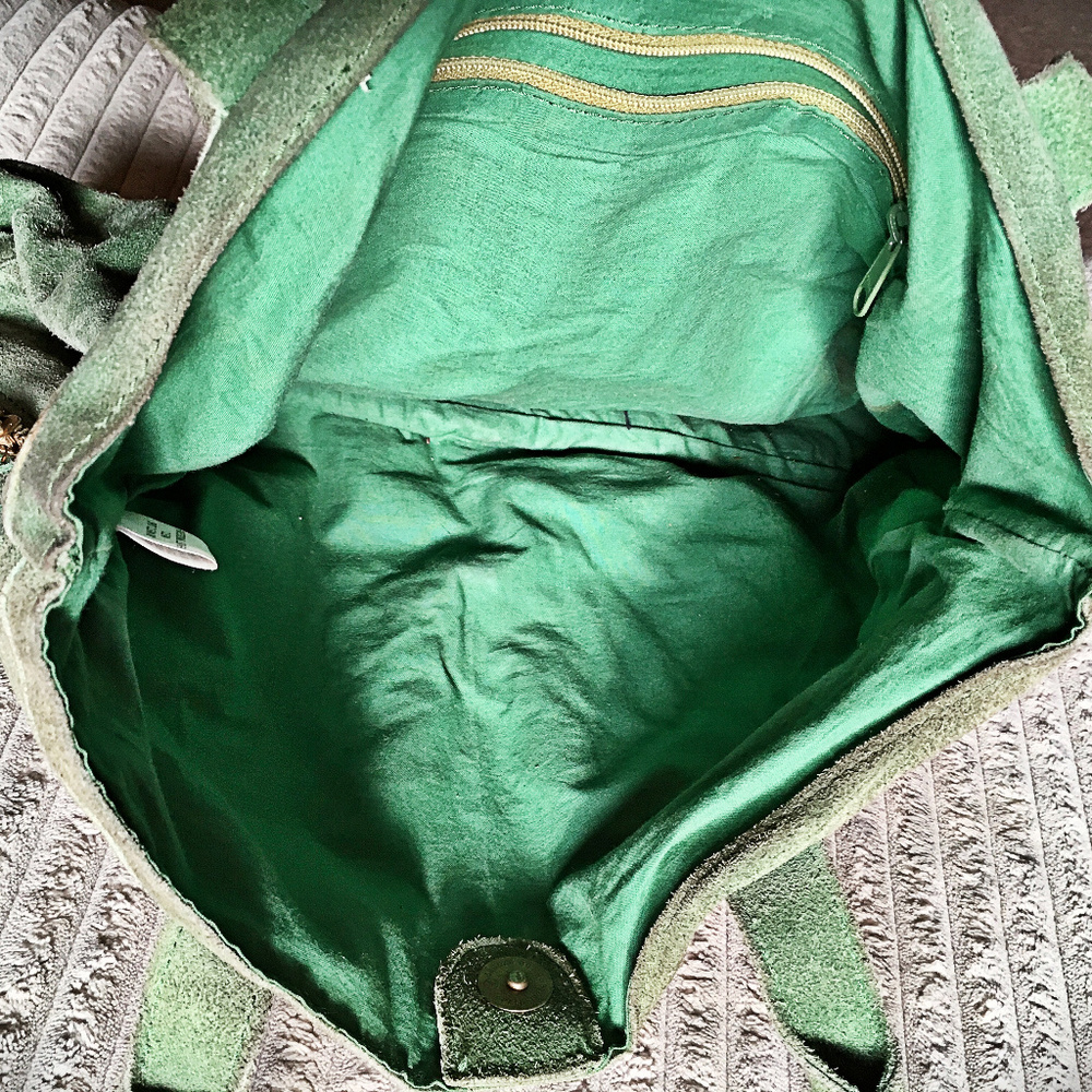 Artisan Green Suede Leather Tote Bag India Multi Pocket Shoulder Bag - Picture 4 of 4
